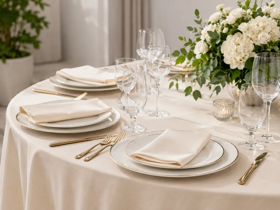 Manteles y servilletas elegantes en mesa de evento — renta en Pompano Beach, FL